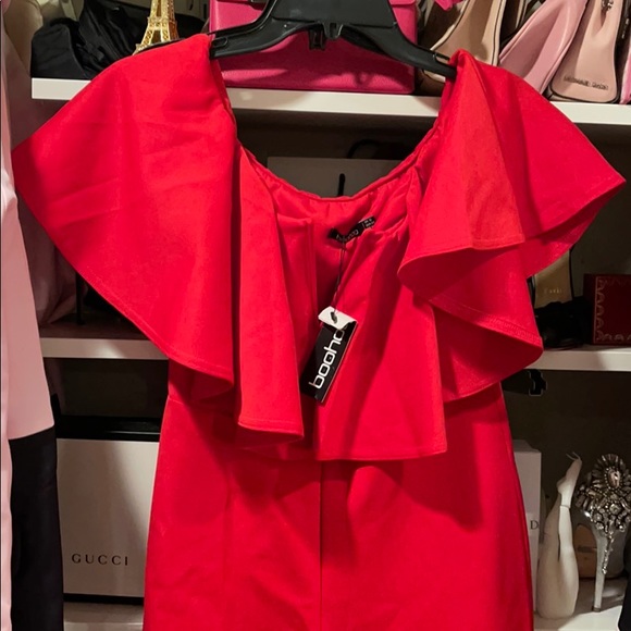 4 items under $25 for $50  Red Plunge Frill Jumpsuit Off Shoulder V Neck - Picture 5 of 6